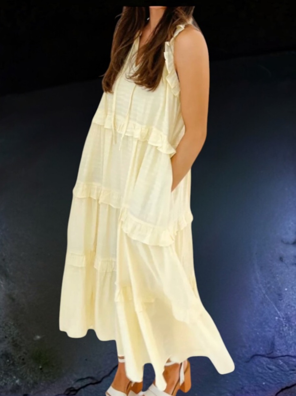 TALULAH RUFFLE TIERED LEMON ICING YELLOW MIDI DRESS SIZE LARGE